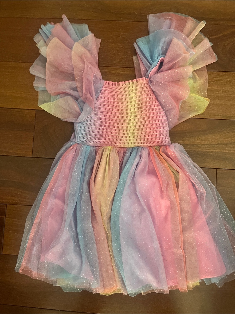 Bonnie Jean Pastel Rainbow Tulle Dress in Pink, Blue, Yellow